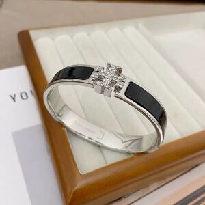 Tory Burch Silver-Tone Black Enamel Logo Cuff Bracelet